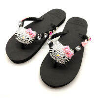 Summer New Womens Flip Flops Cute Cat Flat Rhinestone Beach Slides Ladies Crystal EVA Slippers