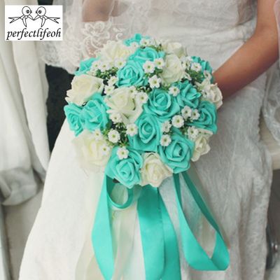 [AYIQ Flower Shop] Perfectlifeoh รอยัลบลูโฟมสวยงามช่อดอกไม้ตกแต่งงานเลี้ยงเจ้าสาวดอกกุหลาบเทียมสำหรับของตกแต่งงานแต่งงาน
