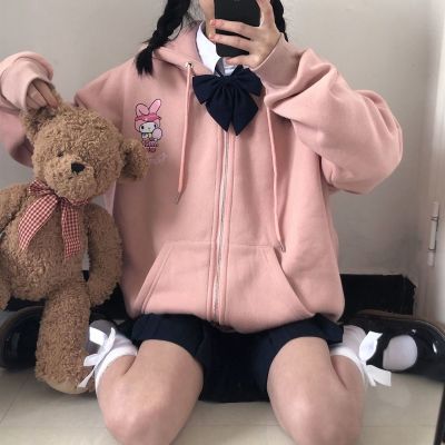 Ulzzang Preppy Style Pocket Hoodie Cartoon Print Women Cute Clothes Harajuku Kawaii Pink Sweatshirt Woman Anime Zip-Up Hoodies