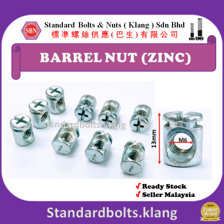 (50PCS PER PACK) Furniture Barrel Nut M6 X 13MM (ZINC COLOUR) Lazada