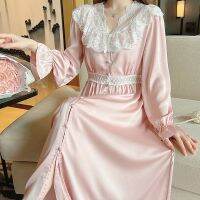 ✁☒❀ Women Silk Stain V-neck Nightdress Female Sexy Elegant Spring Autumn Nightgowns Girls Lovely Lace Vintage French Home Clothing