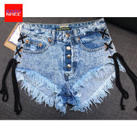 Vintage Snowflake Inelastic Women Denim Shorts With high Waist Straps Tassel Female Summer Shorts For Womens jeans