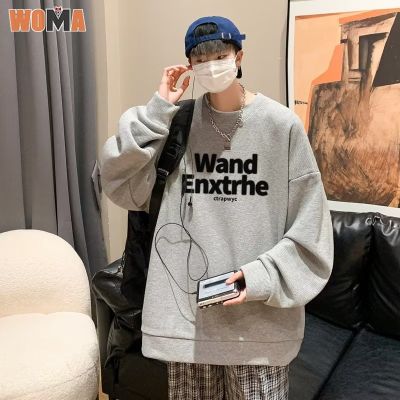 WOMA เสื้อสเวตเตอร์คอกลมชายเสื้อยืดลายพิมพ์แขนยาวตัวอักษรอเมริกันวินเทจเสื้อลำลอง