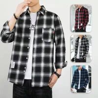 【Ready Stock】8-color mens fashion Korean version of the trendy plaid long-sleeved shirt fashion trend loose wild lapel casual plaid shirt men tops longsleev Red Polo shirt