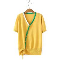 COD SDFGERTYTRRT Plus Size V-neck Ice Silk Knitted Summer Tops Women False Button Slim Patchwork Vintage Shirts Oversized Top