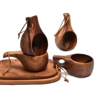 Y1QB ฟินแลนด์ Kuksa แก้วกาแฟแบบพกพา Acacia-Wood Handle Cowhide เชือก Hook น้ำผลไม้นมถ้วยกาแฟดื่มถ้วย Drinkware