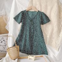 COD Ready Stock Baby Girlss Dress Sweet Floral Skirt Knee-Length Dresses Green Ruched Dot Children Clothing