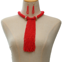 New Necklace Set Woman 2 Pieces Long Necklace Red Tassel Beads Jewelry Sets for Womens Boho Accesories for Girls Gifts