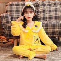 ชุดนอนเด็ก Pikachu Kitty Cat StellaLou สำหรับเด็กผู้หญิงฤดูใบไม้ร่วงและฤดูหนาวปะการังกำมะหยี่หนาขึ้นในชุด Pakaian Rumahan สำหรับเด็กโตเด็กผู้หญิงตัวเล็ก0000