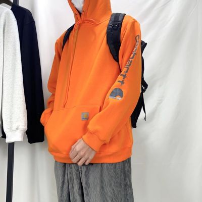 Carharttโทเรสเสื้อขนแกะพิมพ์ลายสไตล์วินด์ไวด์ชุดทำงานลำลองมีฮู้ดสำหรับผู้ชายสีส้ม