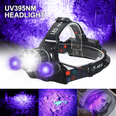 3000LM 3LED Headlamp UV 395nm Torch Stains Checker Outdoor Headlight Waterproof USB Head Lamp GreenRed Hunting Lantern