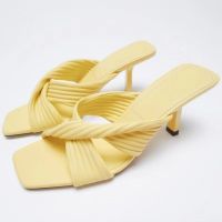 【Available】2023 Summer New ZA Yellow Small Pleated Pull Strap High Heels Slim Heels Fashion Small Crowd Open Toe Fashion Sandals for Women