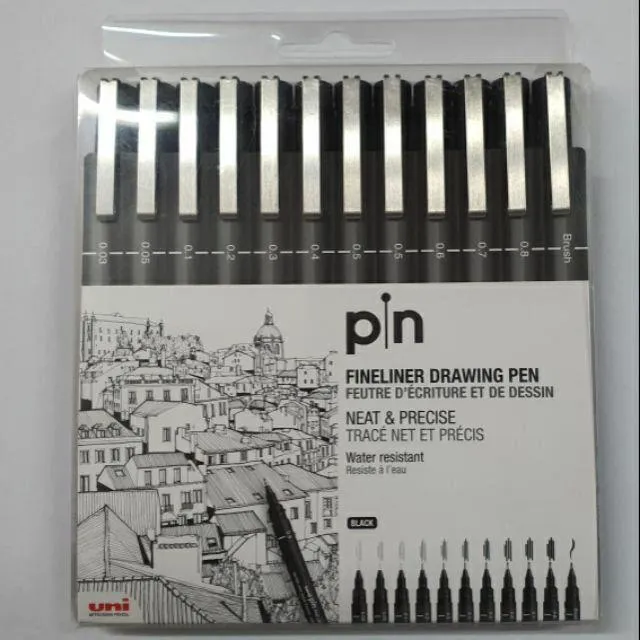 Uni Pin Fineliner Drawing Pen Set 12 Black