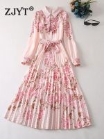 【HOT】℡ ZJYT New 2023 Fashion Sleeve Floral Print Pleated Vestidos Robes Pink