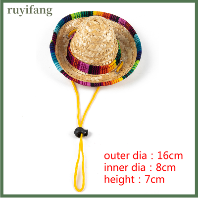 ruyifang สัตว์เลี้ยงทอฟางหมวกสำหรับแมว Sun Hat somburro สำหรับสัตว์เลี้ยงชายหาดปาร์ตี้ฟางเครื่องแต่งกาย
