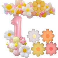 【DT】hot！ Margarida flor balões torre com número branco talheres de papel colorido para casamento feliz aniversário decoração festa 1 conjunto