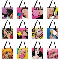 【jw】☂  Shoulder Pop Printed Tote Cartoon Shopping Catwomen Snow Reusable Beach