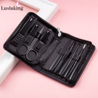 Lusluking 9pcs Set Stainless Steel Manicure Pedicure Nail Personal Care Salon Cuticle Nipper Clipper Cleaning Tools Black Kit