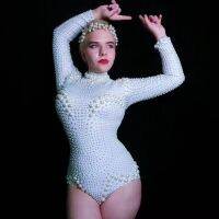 ✟ Flashing White Pearls Leotard Women 39;s Dance Wear Prom Celebrate Outfit Bar Evening Women Dancer Outfit Bodysuit