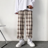 HOUZHOU Plaid Pants Men Linens Korean Checked Trousers Male Streetwear Fashion Bottoms Summer Wide Leg Pants Harajuku Breathable