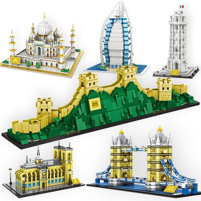 ☌❐▼ World famous building Great Wall Big Ben Taj Mahal three-dimensional model assembling small-particle building block DIY toys