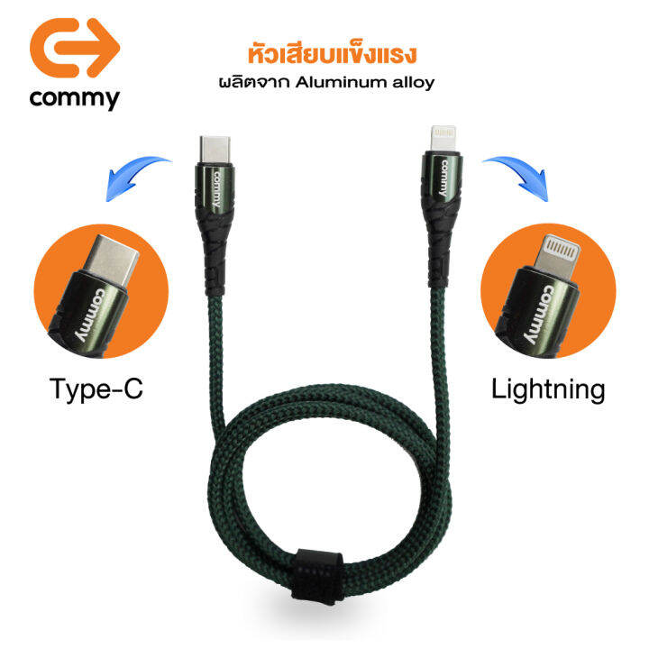 สายชาร์จโทรศัพท์มือถือ-commy-รุ่น-dc-244z-สาย-nylon-ถักกลม-สีเทา-for-type-c-to-type-lightning-ชาร์จเร็วสูงสุด-27w-สำหรับ-iphone-amp-macbook-pro