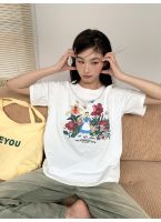 KUMIKUMI การพิมพ์หลวมคอกลม เสื้อยืดแขนสั้นผู้หญิง ผ้าฝ้ายด้านบน T0397