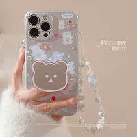 เคสซิลิโคน Apple iPhone 15/14/13/12/11/X/x/xr ลายหมีน่ารัก14 Plus 15 Pro Max กระจกหมีตั้ง12 Mini พร้อมสายรัดข้อมือป้องกันการตกฝาครอบป้องกัน