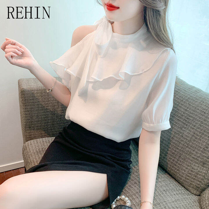 rehin-เสื้อสไตล์เกาหลีแบบใหม่คอกลมแขนสั้นผู้หญิง-เสื้อลำลองเสื้อชีฟองเสื้อสวมศีรษะสีหวานฤดูร้อน