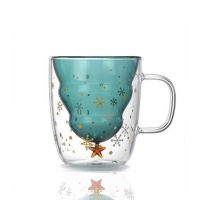 Christmas Tree Glass Cup Mug 300ML Creative Heat-resistant Double Layered Glass Cup Coffee Mug with Lid Cute for Christmas Gifts
