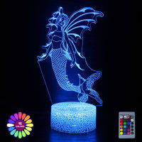 3d Illusion Night Lamp รูปแบบนางเงือก Led Night Light Kids Room Decor Touch Remote Color Changing USB Table Lamp Holiday Gift