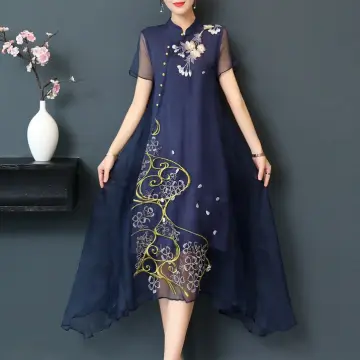 Floral Silk Dress Chinese Qipao Dress Modern Cheongsam S-3XL 