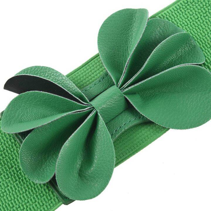 green-faux-leather-flower-7-5cm-wide-elastic-cinch-belt-for-woman