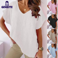 GEMEITE เสื้อ Batwing แขนสั้นเสื้อคอวีผู้หญิงฤดูร้อนฝ้ายลินินสีทึกเสื้อสตรีเสื้อลำลอง