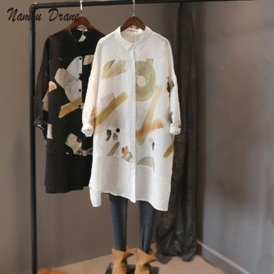 Namou Drane 2021 Autumn New Medium-long Blouse Tops Korean Printing Long Sleeve Cotton Linen Shirts Causal Blusas Mujer Moda