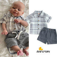 ANFUTON ชุดเสื้อผ้าแบบสุภาพบุรุษเสื้อยืดทารกชาย2ชิ้นเสื้อ0-4Y ลายสก๊อตแขนสั้นเดี่ยว + กางเกงขาสั้นสีพื้น