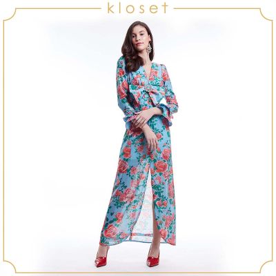 Kloset Rose-Meo Maxi Dress With Ruffle(PF20-D016)ชุดเดรส ชุดเดรสแขนยาว ชุดเดรสยาว ชุดเดรสผ้าเลื่อมพิมพ์ลาย ชุดเดรสแฟชั่น