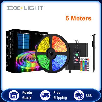 ไฟแถบ LED เทปไฟแถบไฟ LED พลังงานแสงอาทิตย์ DX-LIGHT กลางแจ้งความยาว5ม. 10ม. 5050LED RGB กันน้ำมีความยืดหยุ่นแถบริบบิ้นสำหรับการตกแต่งสวนแสงไฟคริสต์มาสกลางคืน