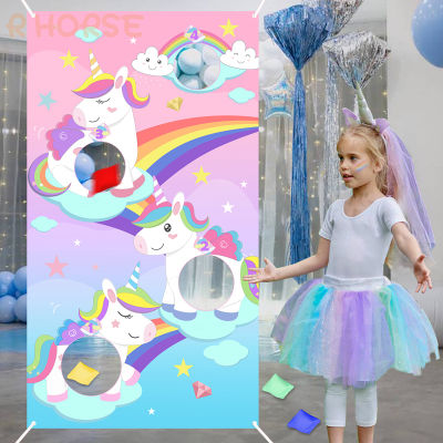 Rainbow Unicorn Theme Bean Bag Banner Toss Game Set Indoor Outdoor Toy Birthday Decor Party Decoration Supplies for Children