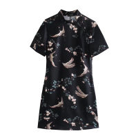 TRAF Zar Ladies Dress Za Women Elegant Floral Silk Satin Texture Printing Dress Temperament Retro Cheongsam Dress