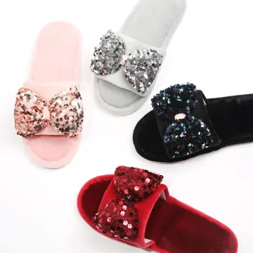 Pink Fuzzy Diamond Rhinestone Bling Platform Slide Sandals Slippers