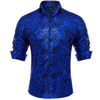 Luxury Royal Blue Paisley ผ้าไหมเสื้องานแต่งงาน Performence เสื้อผู้ชายสังคมเสื้อผ้า Camisas De Hombre