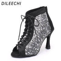 DILEECHI สุทธิผู้หญิงรองเท้าเต้นรำละตินกำมะหยี่สีดำสายรัดซัลซ่าพรรครองเท้าเต้นรำบอลรูมสูงคิวบาส้น9เซนติเมตร Outsole นุ่ม