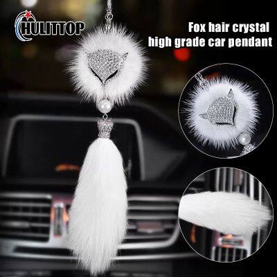 Fashion Diamond Fox Car Pendant Rear View Mirror Ornament Fur Bling Rhinestone Mirror Hanging Accessories for Girls Women Cute