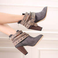 E2Ankle Suede Leather Casual High Heels Fashion Square Rubber Buckle Belt Women Shoes