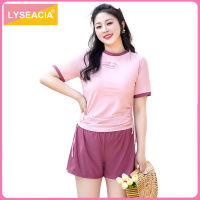 LYSEACIA M-5XL ผู้หญิงกีฬาชุดว่ายน้ำขนาดบวกแขนสั้นเสื้อยืด กางเกงขาสั้นสองชิ้นชุดว่ายน้ำสำหรับผู้หญิงท่องว่ายน้ำชุดว่ายน้ำขนาดใหญ่ B EachwearJH