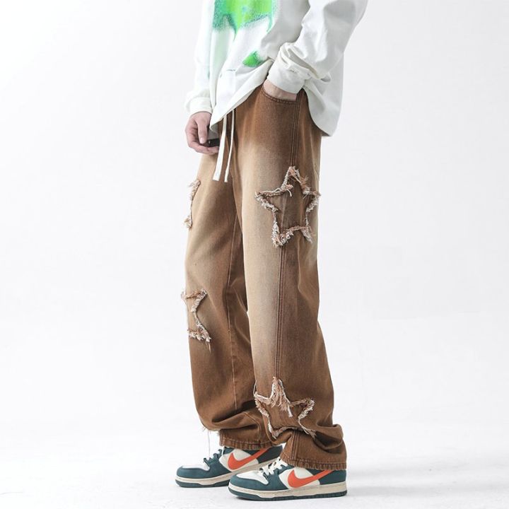 เสื้อผ้าแนวสตรีทของผู้ชาย-y2k-กางเกงขาทรงกระบอกกางเกงยีนส์ฮิปฮอปเสื้อเกาหลีชายกางเกงยีนส์ขาบานหญิง