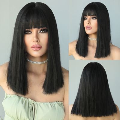 NAMM Natural Long Straight Synthetic Black Wigs with Bangs Heat Resistant Wig for Women Cosplay Lolita Wig for Afro Black Female