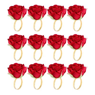 12 PCS Red Rose Shape Towel Buckle Napkin Ring Wedding Party Valentines Day Hotel Table Decor Metal Gold Napkin Holder