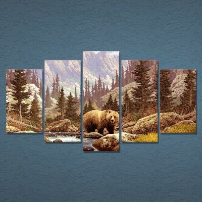 W Oodland สัตว์ป่าหมีผ้าใบผนังศิลปะพิมพ์โปสเตอร์รูปภาพ HD พิมพ์ประดับห้องภาพวาดตกแต่งบ้าน5แผง